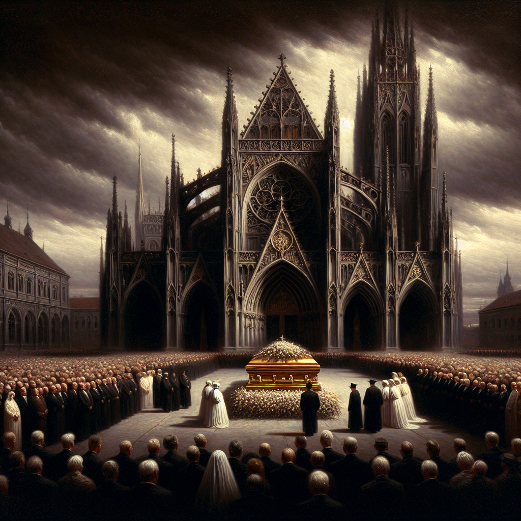A scene outside a massive cathedral is set under sombre, grey skies. The building's ornate gothic architecture is dimmed by the overcast, casting long shadows on the sea of people that floods the piazza. Centre stage, the Pope's casket, draped in a white and gold embroidered cloth. In the crowd, dignitaries distinguished by their variety of native formal attire are discernible, their heads bowed in reverence.