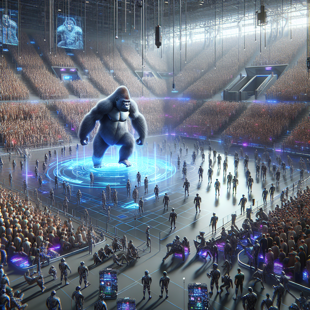 Visualise a lifelike scene in the year 2057. A vast, AI-controlled virtual arena filled with a hundred men facing a realistic silverback gorilla. Around the edge, masses of spectators are tuned into neural feeds, their facial expressions reflecting anticipation, nervousness and excitement.