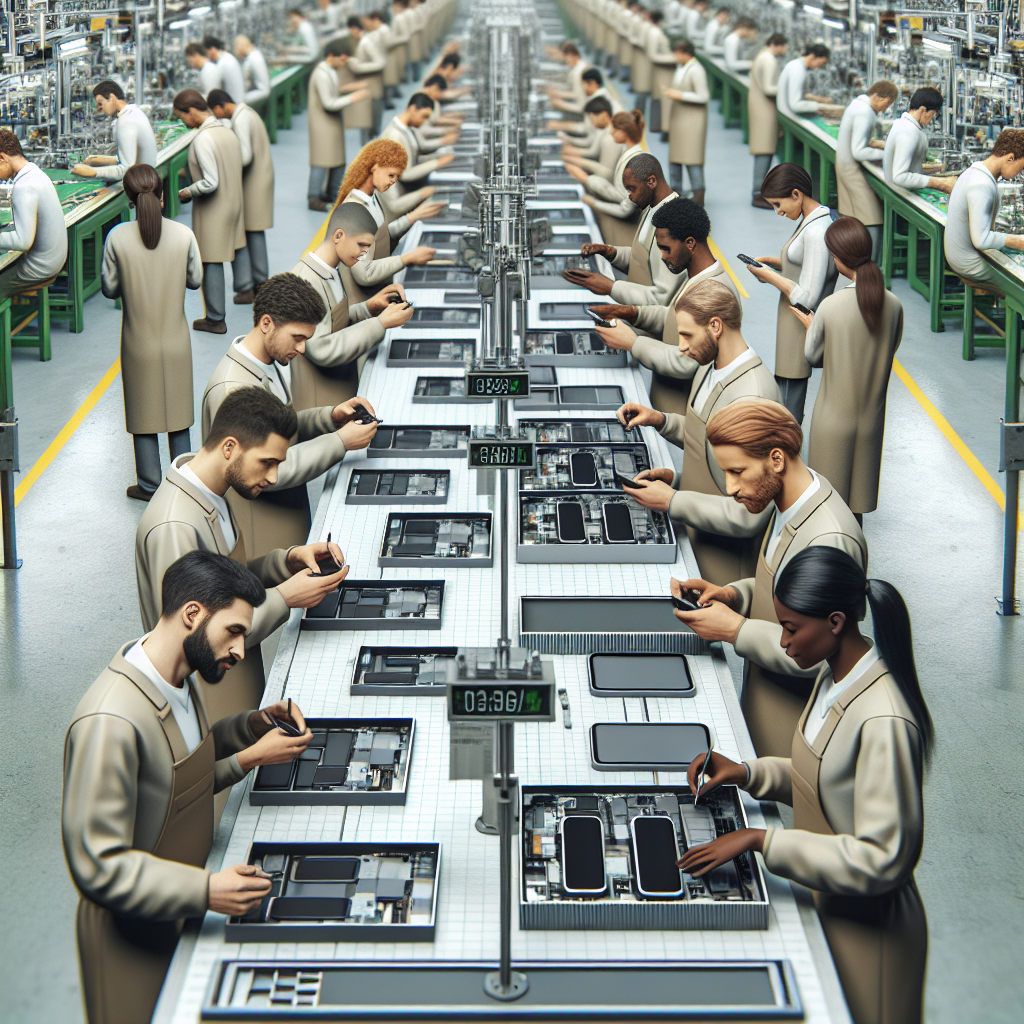 Create a DALL·E-style image showing iPhones on a production line with workers dressed in Apple uniforms, but the backdrop is a US factory instead of a Chinese one. The workers should have different ages, ethnicities, and genders.