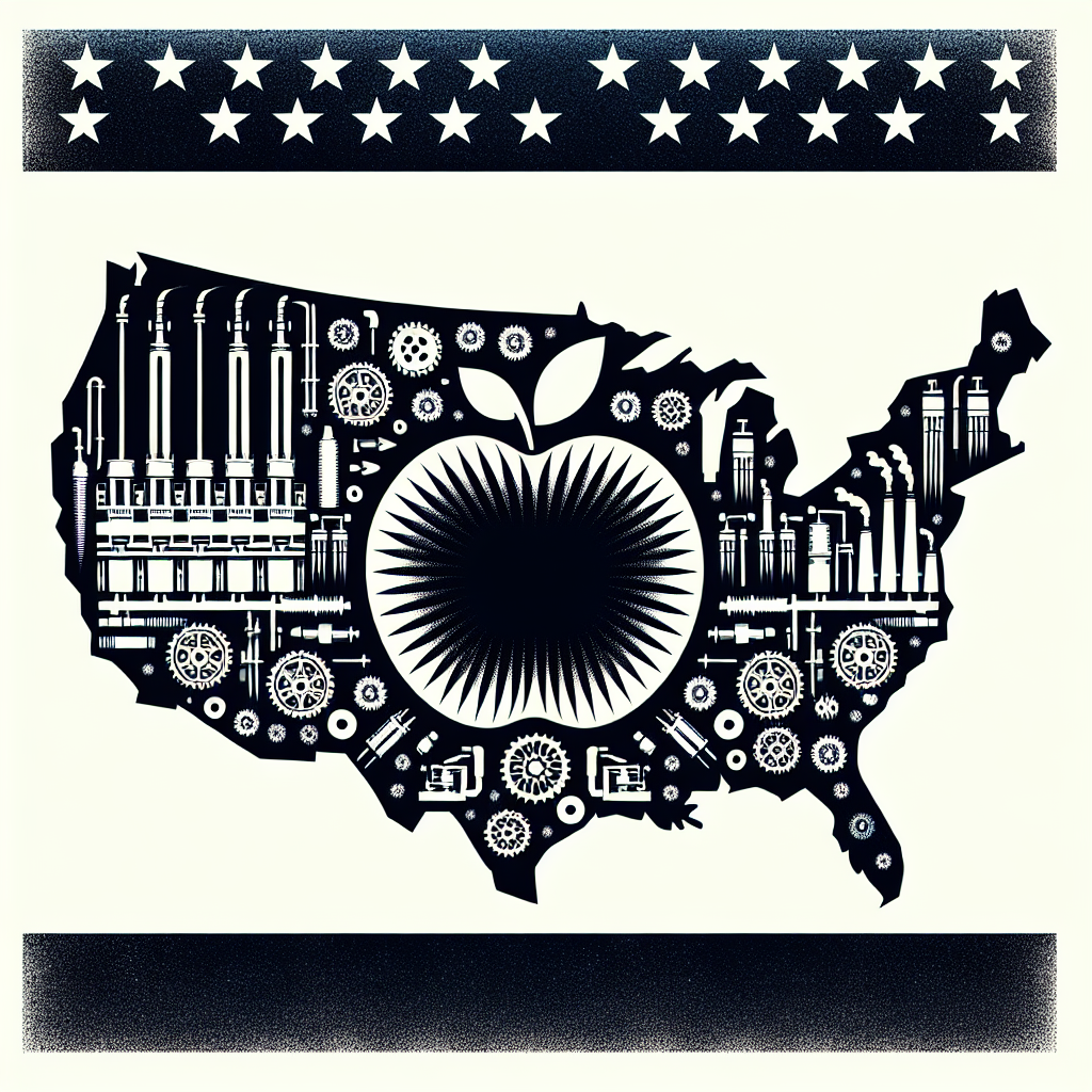 Create a realistic, sharply detailed DALL·E-style image depicting the Apple logo over the silhouette of the United States. Make sure the Apple logo is centred and the detailing of the US silhouette radiates the feeling of manufacturing or industry.