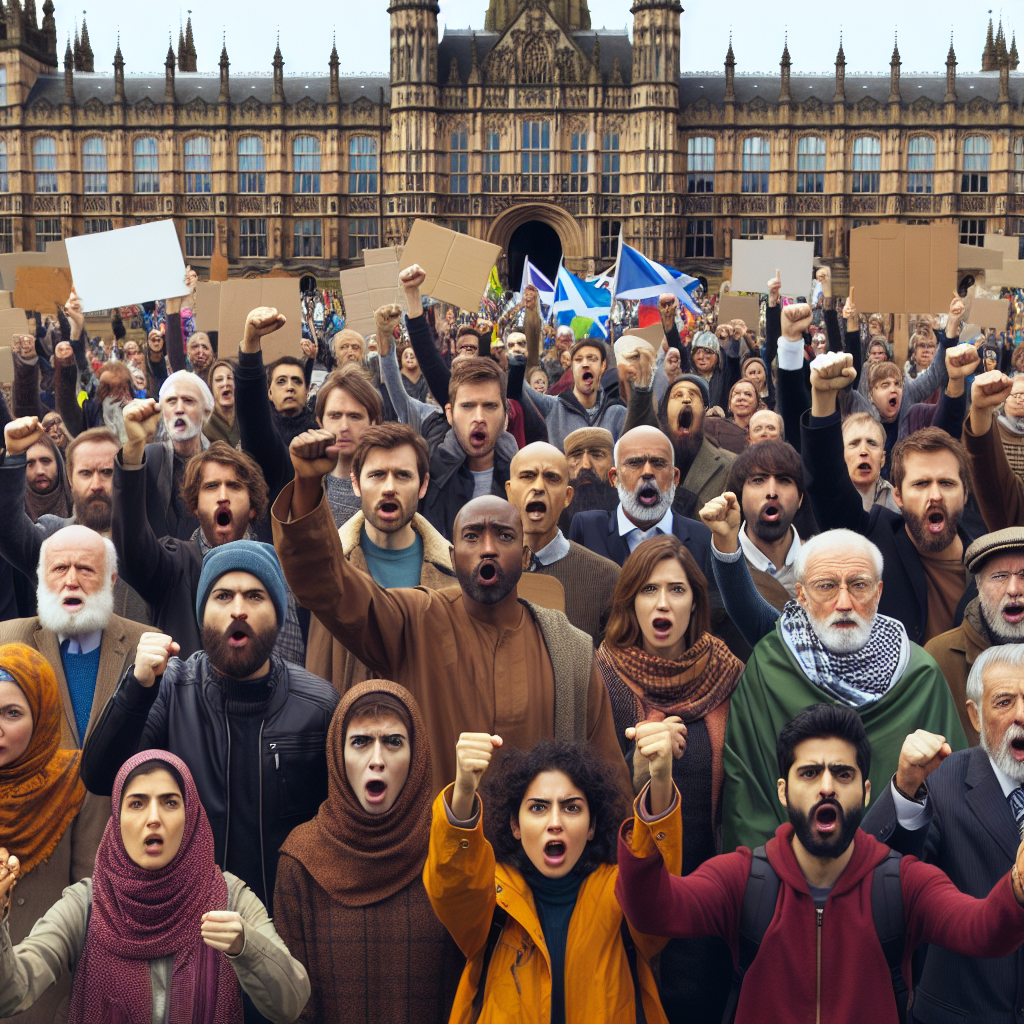 A peaceful gathering of campaigners outside the Scottish parliament in all-weather gear, passionately but respectfully expressing their views through gestures, facial expressions, and homemade signs.