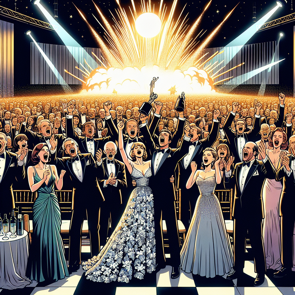 Create an image encapsulating the excitement of the BAFTA TV awards ceremony, maybe showing the main winners or an iconic moment from one of the winning shows.
