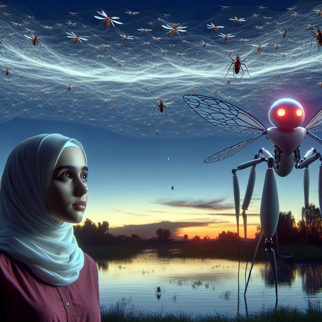 A clear, cloudless evening sky, no longer dominated by bird flocks or shifting colours, but by a sprawling, net-like formation of robotic mosquitos — Big Mosquito. Below, a young woman, Maya, age 33, gazes upwards with a blend of fear, awe, and determination encased in her gaze. Next to her hovers a stark white and strikingly utilitarian, yet aesthetically pleasing AI companion, emitting a comforting ruby glow.