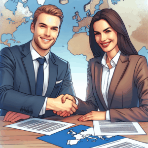 Create a picture showcasing an amicable meeting setup between the UK and EU representatives, signifying a successful consensus. The individuals should clearly represent their respective governments