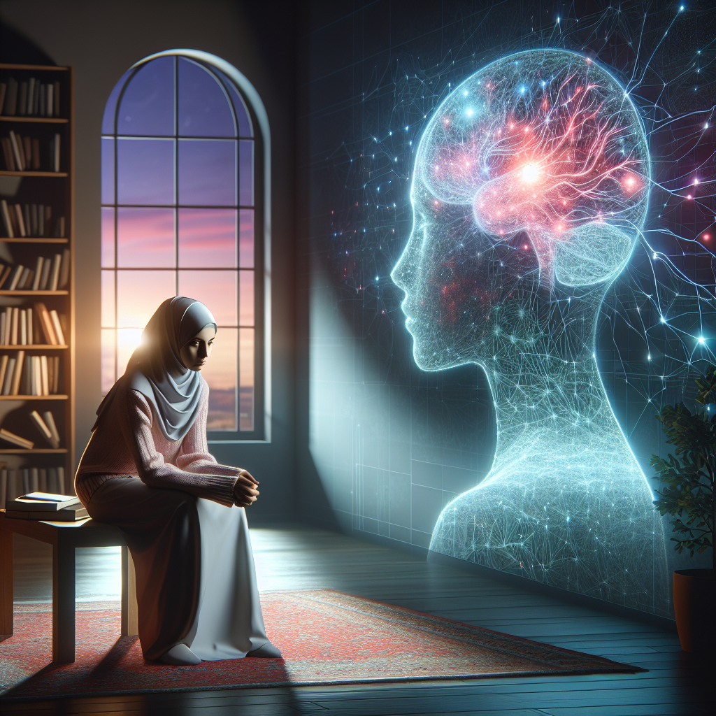 Imagine a quiet study, bathed in soft dusky light. In the middle stands a young woman, Amelia, enshrouded in contemplation as she gazes at the warm glow of an AI interface projection. The projection displays a complex network of connections and neural patterns symbolising AI's emotional simulation.