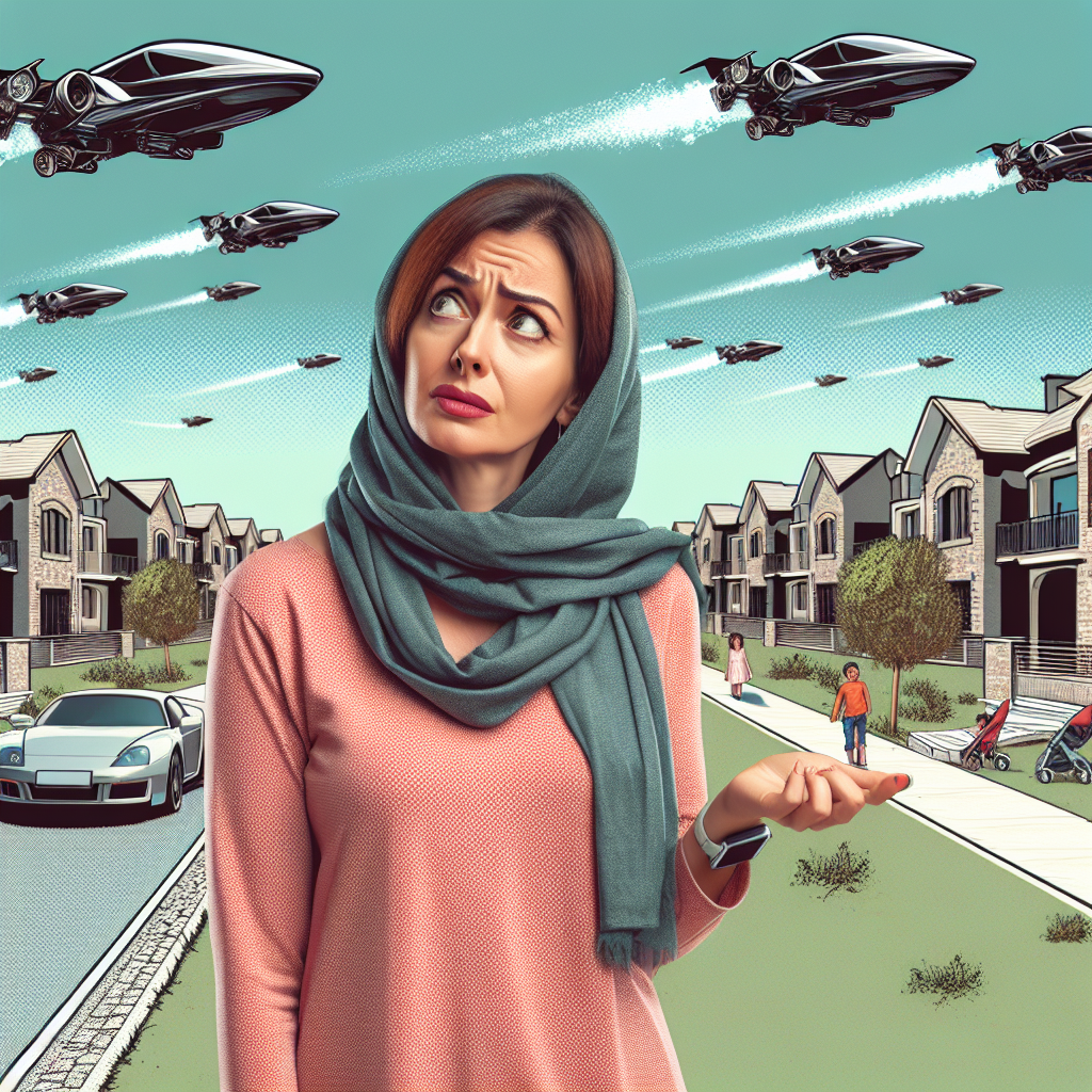 A quaint suburb, where families once played on tidy lawns, now overshadowed by flying cars zipping through the sky. Chasing their exhaust trails is the gaze of a bewildered woman, Andrea, aged 35, dressed in casual attire, her features reflecting her unease in this new world.