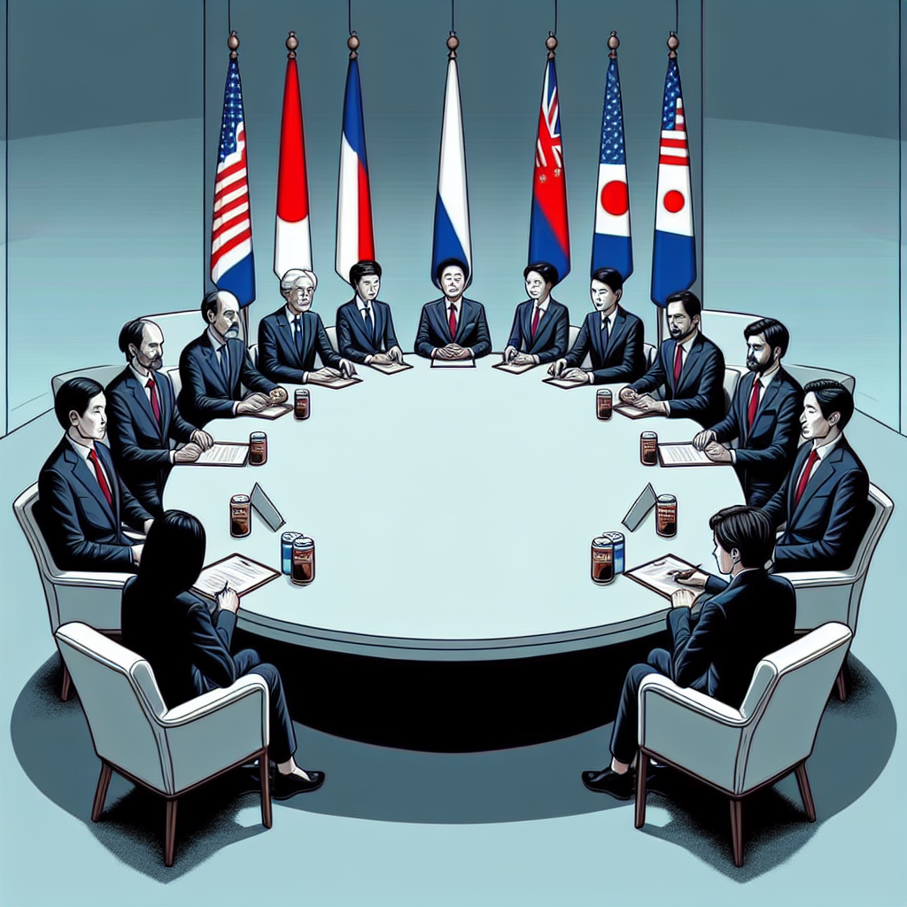 Create a symbolic DALL·E-style image set within a boardroom. Depict Chinese and American representatives sitting across a negotiating table, each side with a flag, reflecting the seriousness of the trade talks. The overall atmosphere should be tense, but with a hopeful undertone.