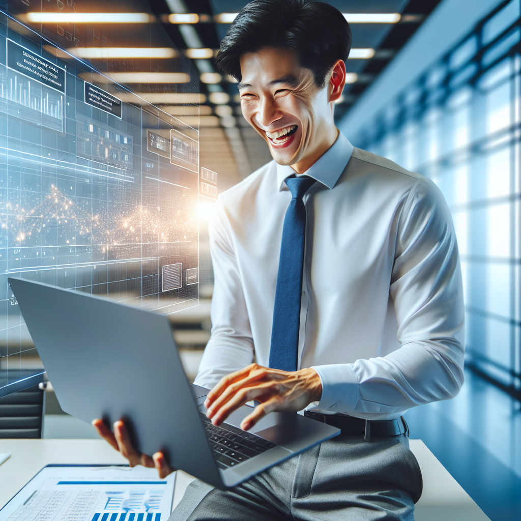 Visualize Thomas, 35, smiling as he uses a laptop in a modern, well-lit office. His screen shows a Google Sheets document with automated calculations. Thomas's work uniform suggests he's a manager at an IT firm.