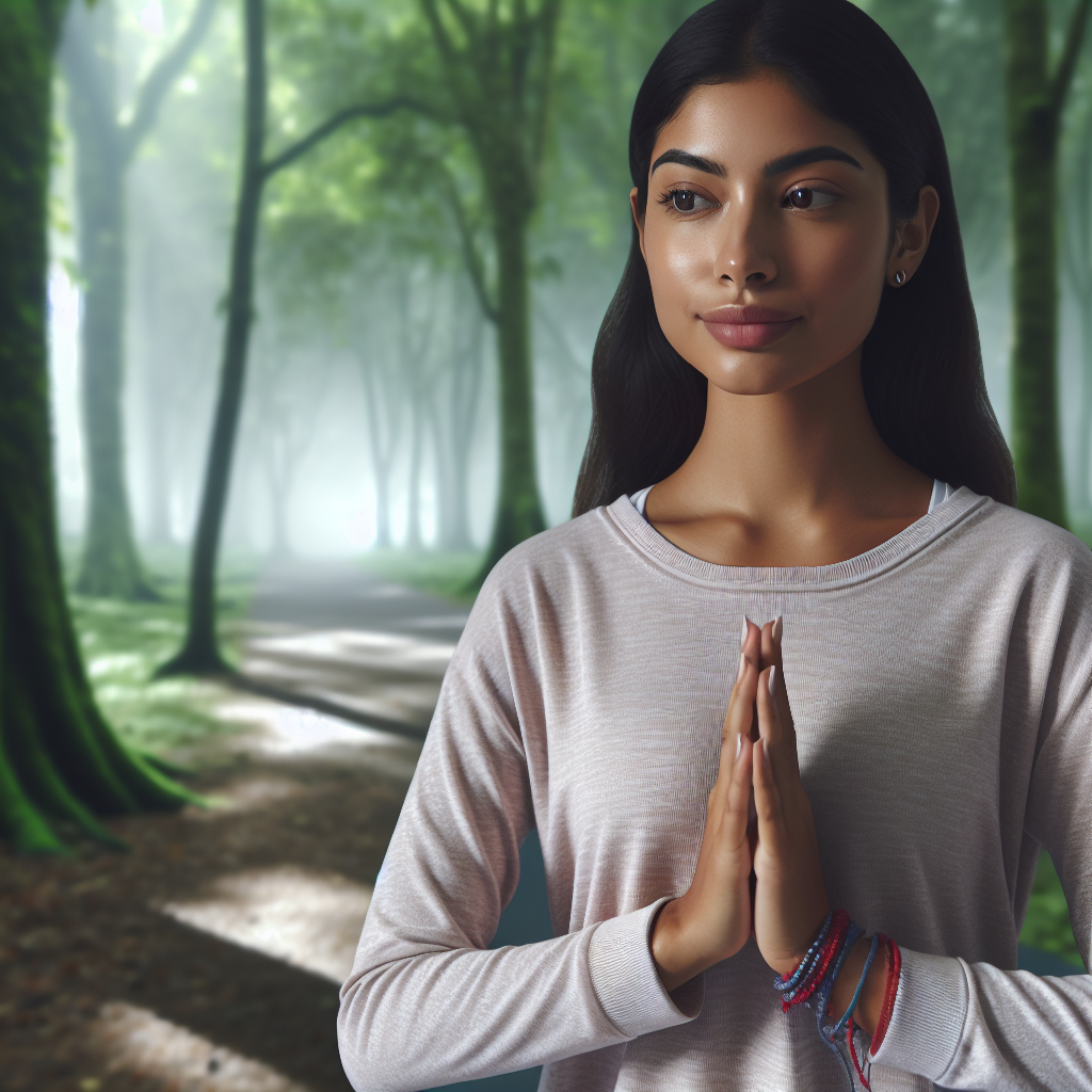 Visualise a DALL·E-style image of a person practising walking meditation in a peaceful, digital forest. Their expression is calm, reflective, and purposeful.