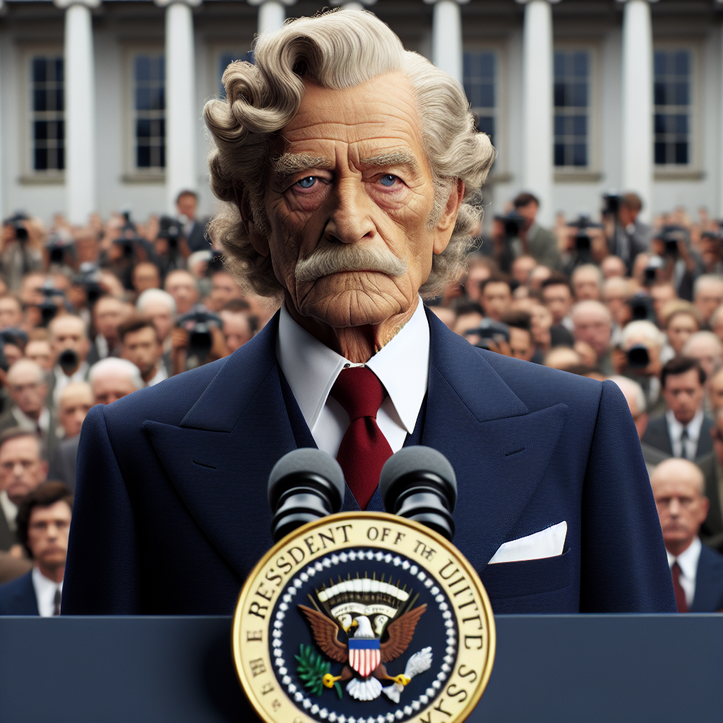 The image shows the former US President, Donald Trump, 74 years old, of Scottish-German descent with light skin, wavy light-grey hair, blue eyes, and a stern expression, standing at a podium bearing the Seal of the President of the United States. He's wearing a navy-blue suit, white shirt, and a red tie. The crowds of journalists in the background signal the important announcement about to take place.