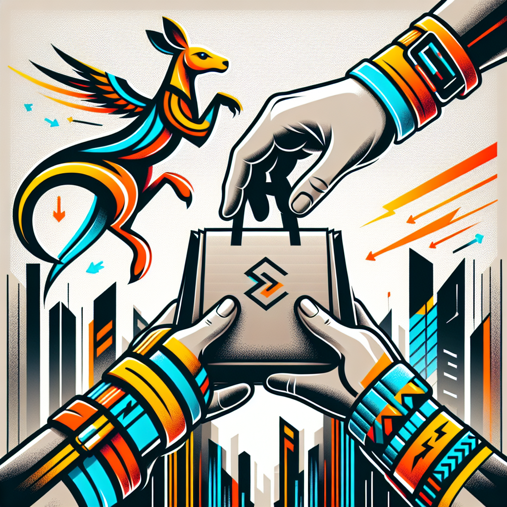 Conjure a DALL·E-styled image of hands exchanging a food delivery bag with the logos of DoorDash and Deliveroo respectively. The background should depict a cityscape, symbolizing their market dominance in global cities.