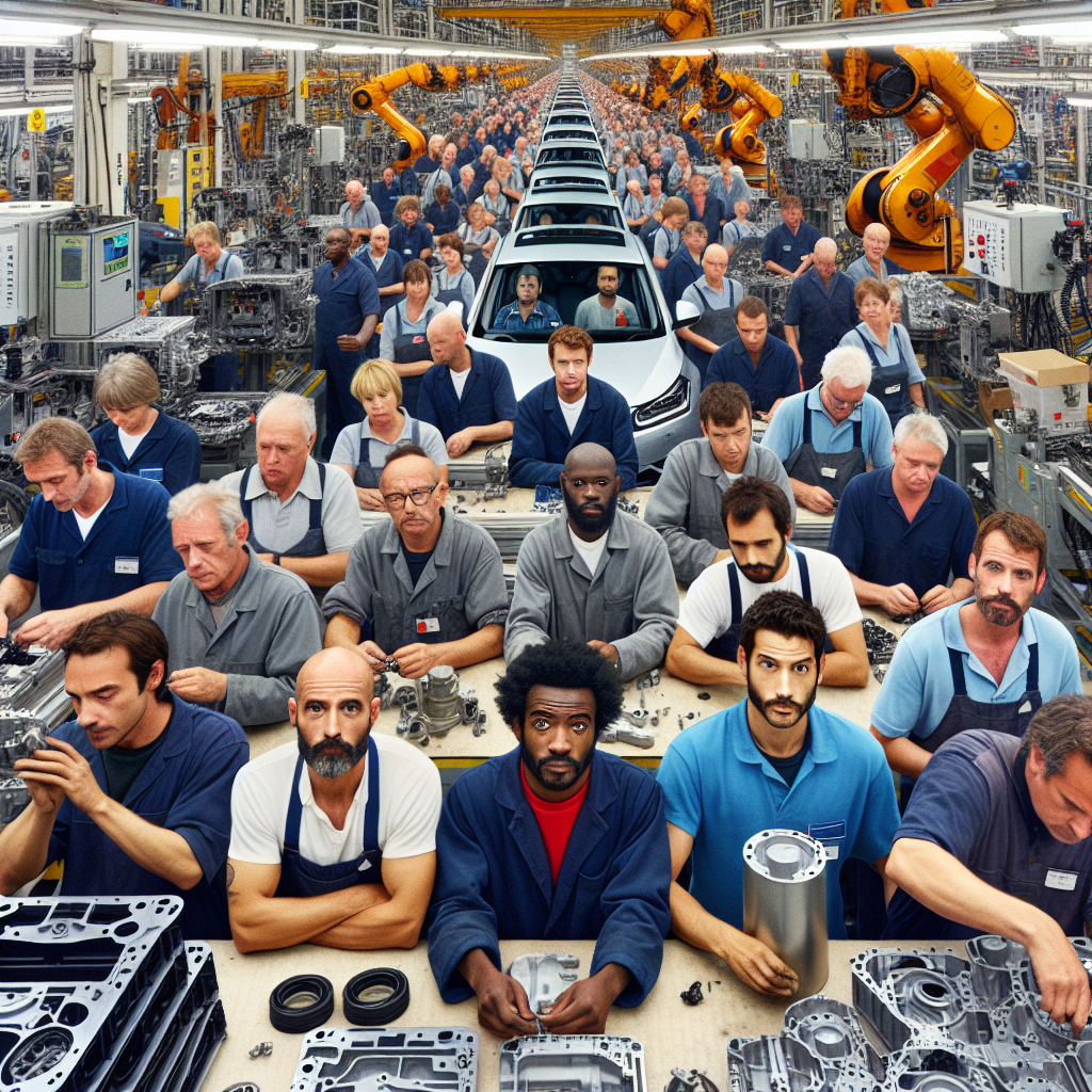 A panoramic view of a bustling British car manufacturing plant. Workers, diverse in age and ethnicity, are meticulously assembling intricate car parts looking both focused and relieved. Industrial robots can be seen assisting in the background, reflecting the blend of man and machine in today's industries.