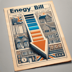 Create a realistic image of a traditional energy bill of a UK household with lowering arrow signifying the decreasing rates. The setting should indistinctly represent a family home in the UK to ground the context.