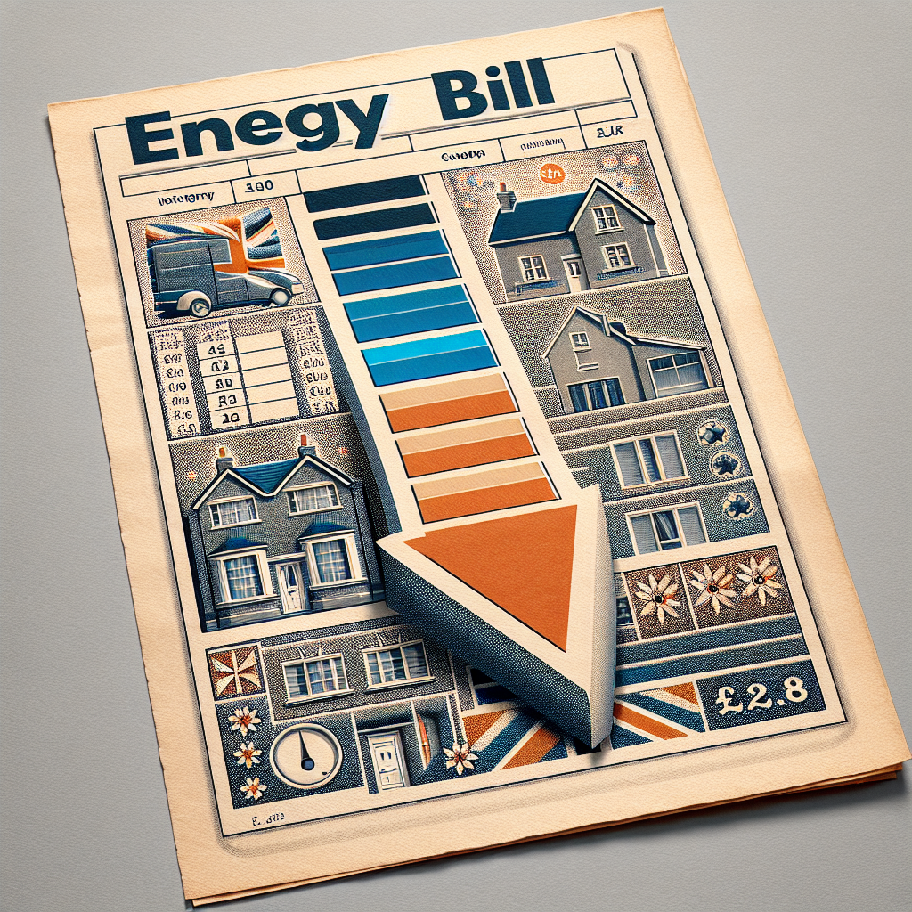 Create a realistic image of a traditional energy bill of a UK household with lowering arrow signifying the decreasing rates. The setting should indistinctly represent a family home in the UK to ground the context.
