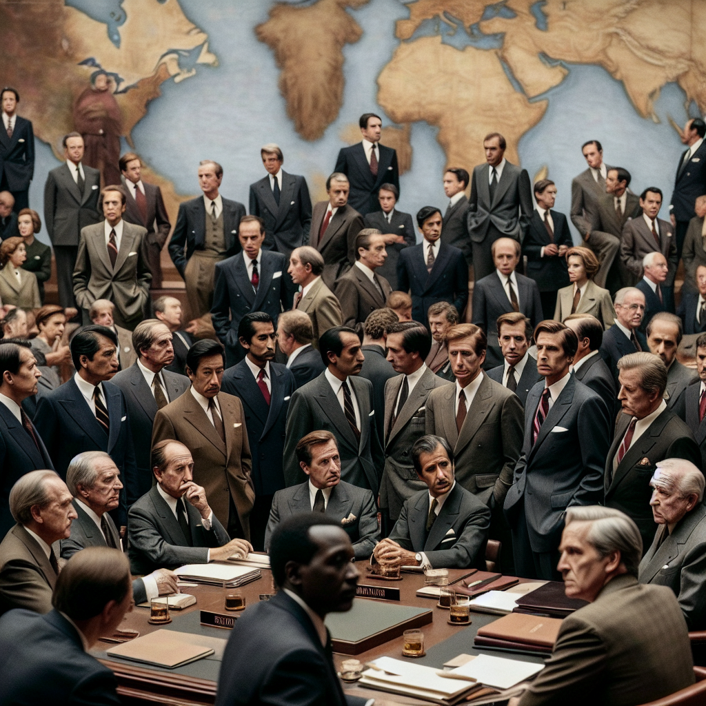 A scene of various European leaders congregated in a Diplomatic Hall: men and women of varying ages and ethnicities dressed formally in suites, some engaged in a deep conversation, while others look worried. The backdrop exhibits a huge map of Ukraine and various strategy documents spread across a massive table. The atmosphere in the room is tense but determined.