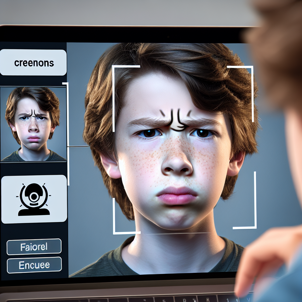Imagine a confused teenager, named Jake, aged 14, with brown hair and freckles. He is squinting at a computer screen that shows a split picture of his face and a facial recognition technology logo.