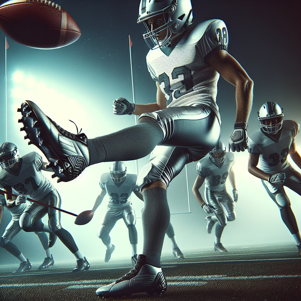 Create a realistic image depicting a football game with detailed players in action. The central player is mid-kick, with his head protected by a clearly visible yet subtle helmet, symbolising brain safety measures in the sport.