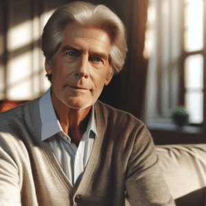 Former US President Joe Biden, 79, Caucasian, wit grey hair and blue eyes, appears deep in thought, with a calm expression. He's sitting in an elegant room, sun rays painting warm shades over the scene.
