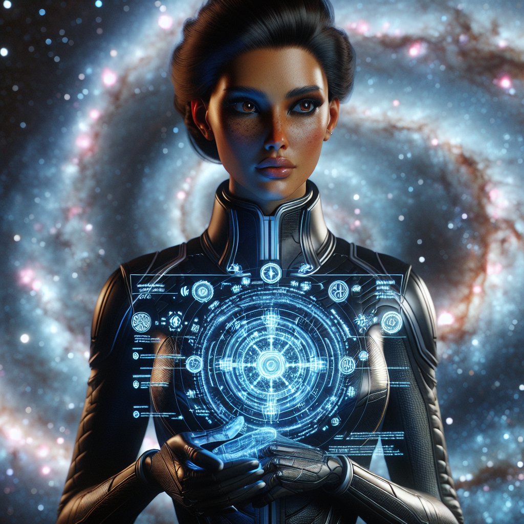 A humanoid figure, Zahra, aged 35 with dark brown skin, stands tall in her Galactic Diplomat uniform, sharply contrasting the vibrant swirls of galaxies behind her. She clutches a tangible hologram that displays intricate symbols - the burgeoning treaty.