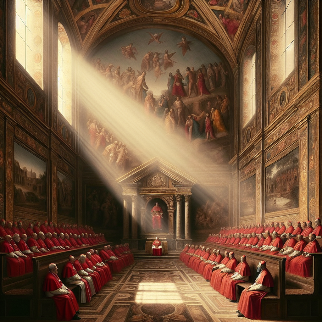 Picture a solemn gathering inside the magnificent Sistine Chapel. Cardinals, dressed in scarlet cassocks, are seated in thoughtful silence. The sunbeam entering from a high window illuminates the frescoed walls, creating an aura of calm anticipation. The focus is the 'Room of Tears', a small room adjacently located where the elected pope reflects on his forthcoming responsibility.