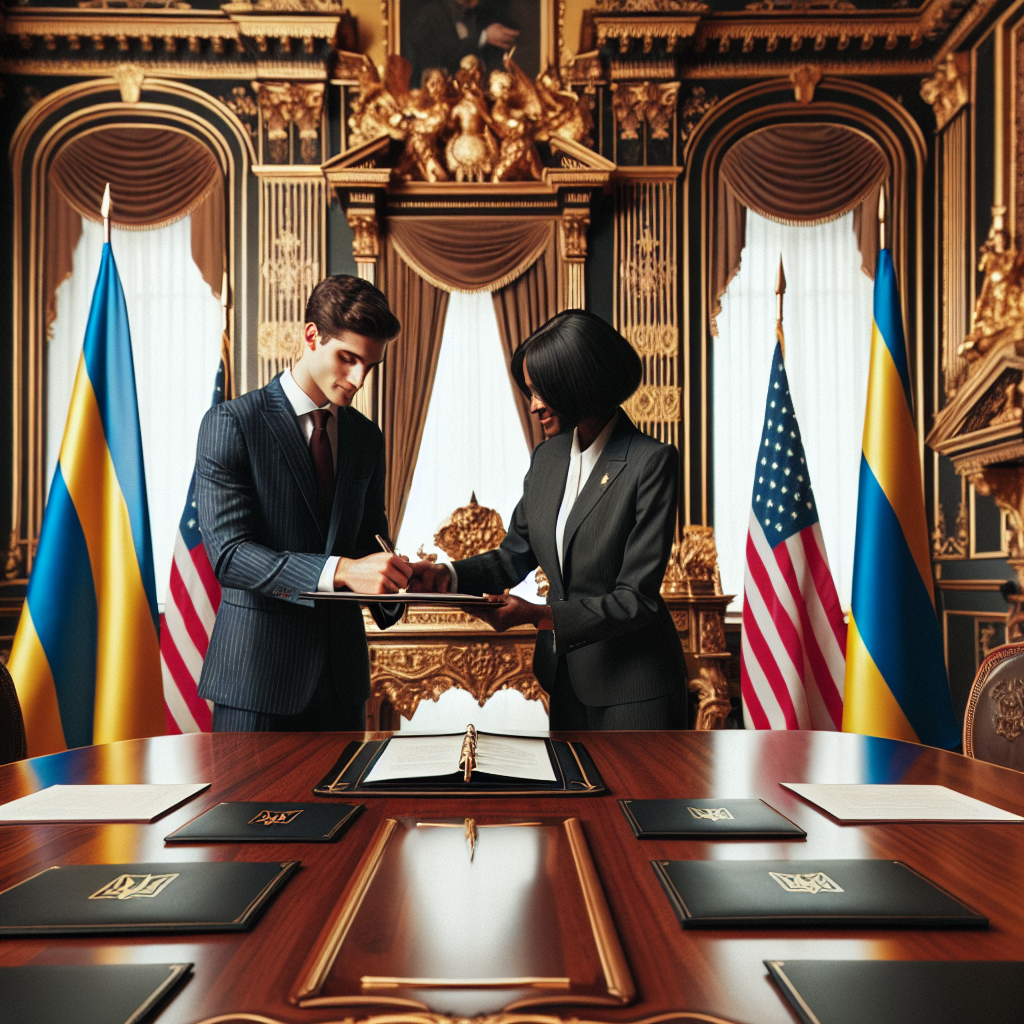 A ceremonious moment in a grand chamber, richly decorated with Ukrainian and American flags. Two individuals stand at a polished wooden table with a spread of documents. On the left, a Ukrainian official in a tailored suit gracefully inks his signature. On the right, a grinning US diplomat awaits his turn, shaking hands across the table. The air buzzes with anticipation and satisfaction.
