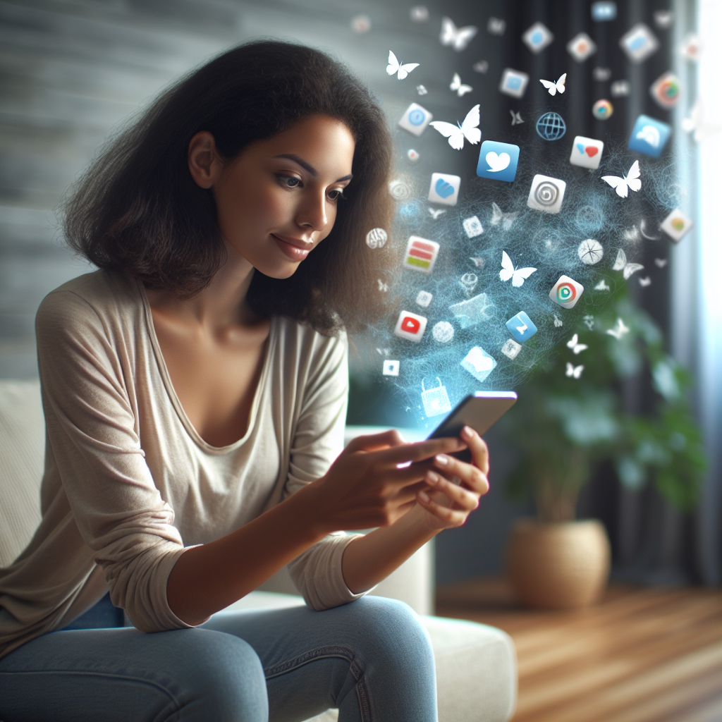 Imagine a young woman, Mia, aged around 22, of mixed ethnicity. She's sitting comfortably in a contemporary living space, interacting with a smartphone. An array of app icons are semi-transparent, fluttering upwards from the phone like butterflies.