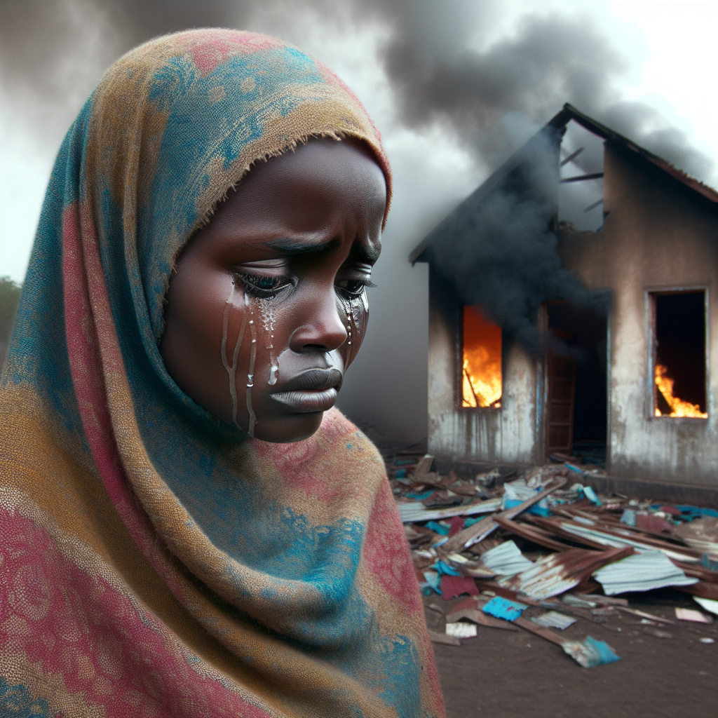 A distressed Sudanese woman, Ina, age 35, stands in front of a damaged, smoke-ridden school building. She's clad in a worn-out, colourful drapery and is looking at the damaged structure with tearful eyes.