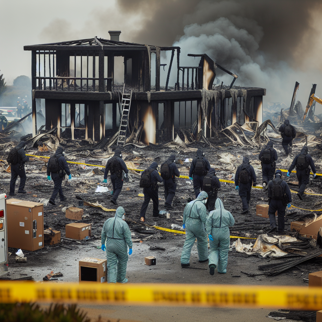 Grey smoke is seen billowing from the charred remnants of a fertility clinic. The scene is cordoned off with the bright yellowish tape of law enforcement. Investigators, in dark suits and face masks, bustle about methodically, collecting evidence.