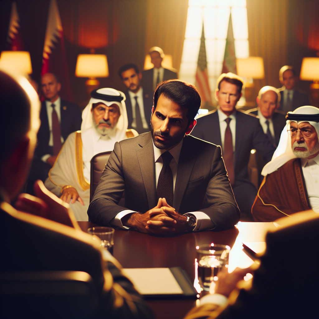 A well-lit conference room with Qatari, American, and Iranian officials around a large wooden table. In foreground, a stern middle-aged Iranian diplomat, wearing a sober grey suit, is seen discussing the proposal with the others.