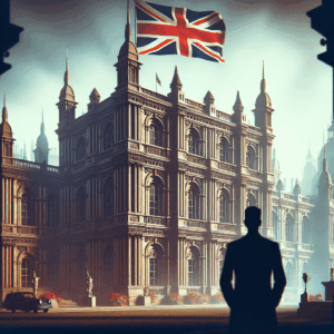 Create an image of the UK Foreign Office looking imposing and official, with the Union Jack flying and the silhouette of an anonymous ambassador in the foreground.