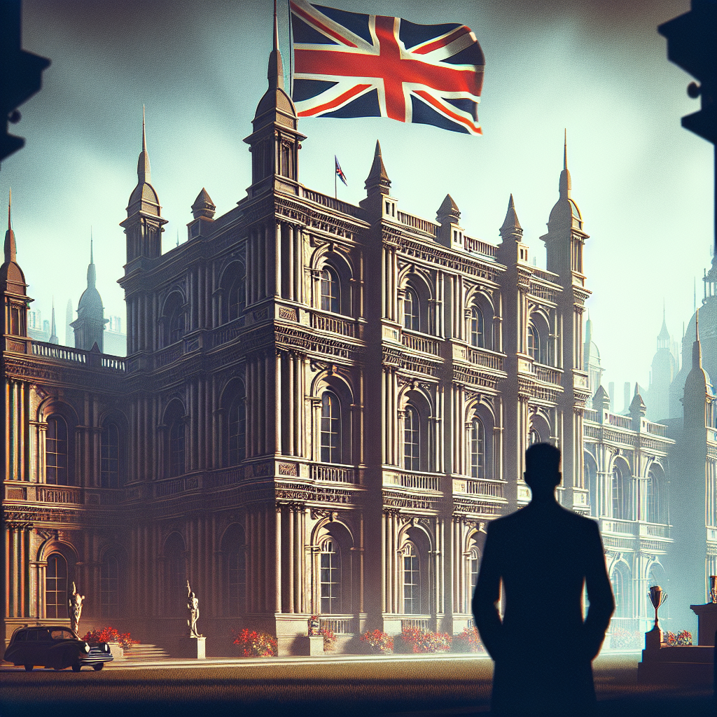Create an image of the UK Foreign Office looking imposing and official, with the Union Jack flying and the silhouette of an anonymous ambassador in the foreground.