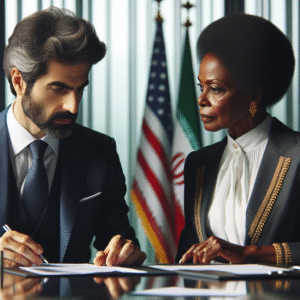 A diplomatic meeting between Iranian and American officials in a modern conference room. The Iranian representative, a man in his 50s of Persian ethnicity wearing a suit, looks thoughtfully at documents on the table.