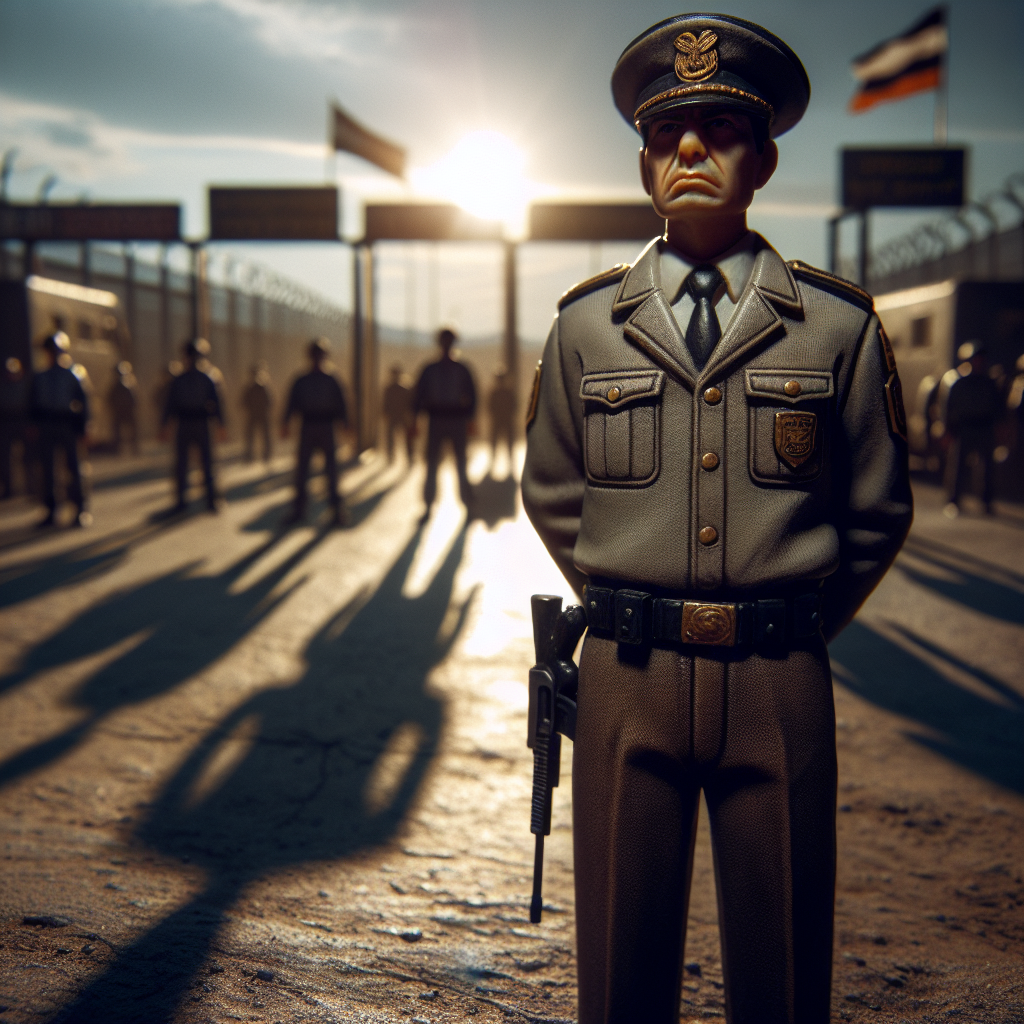 The image depicts a tense scene at the Gaza border. A lifelike figure representing a 45-year-old Israeli official stands firmly, his stern expression reflecting resolve. Behind him, the sun sets over the heavily patrolled border, casting long shadows that symbolise the uncertain future of Gaza.