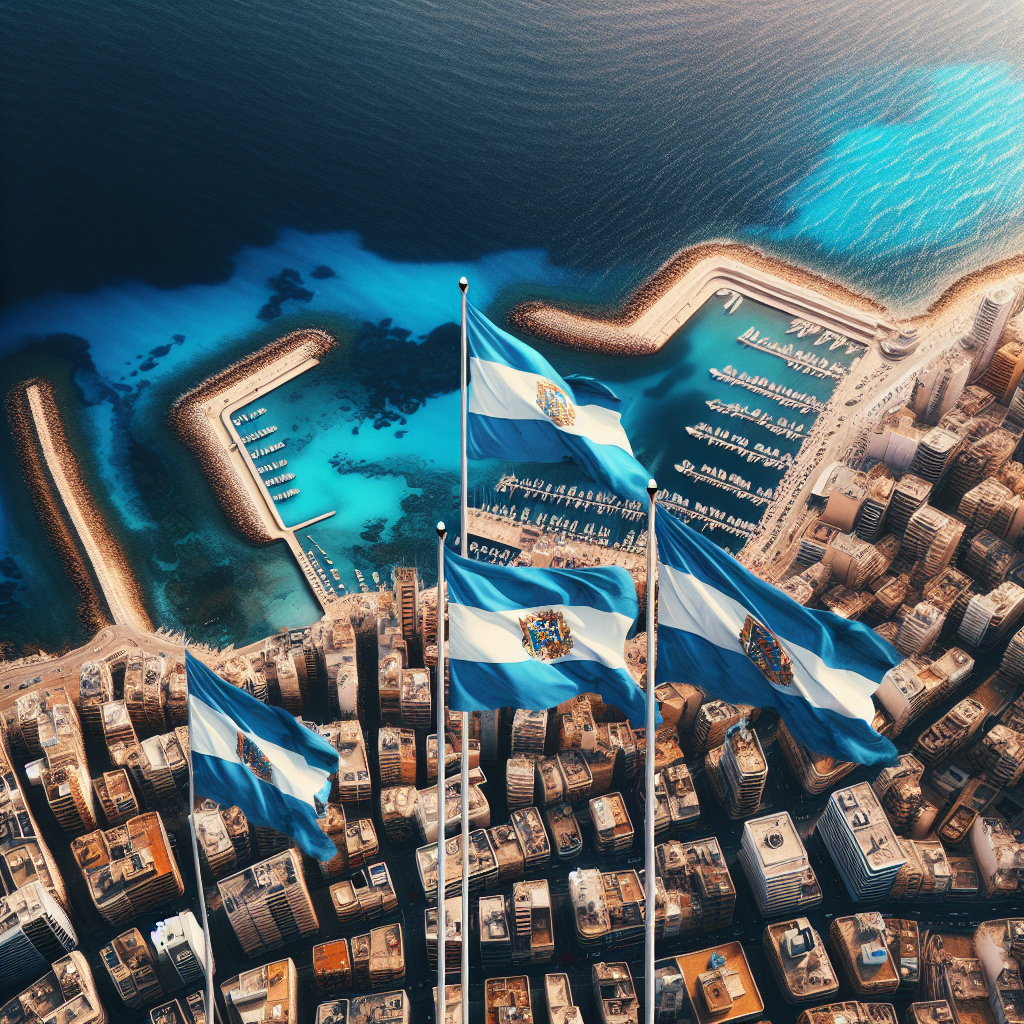 A bird's eye view of Gaza bordered by the deep blue Mediterannean Sea. Israeli flags in the foreground contrast with the densely populated cityscape behind.