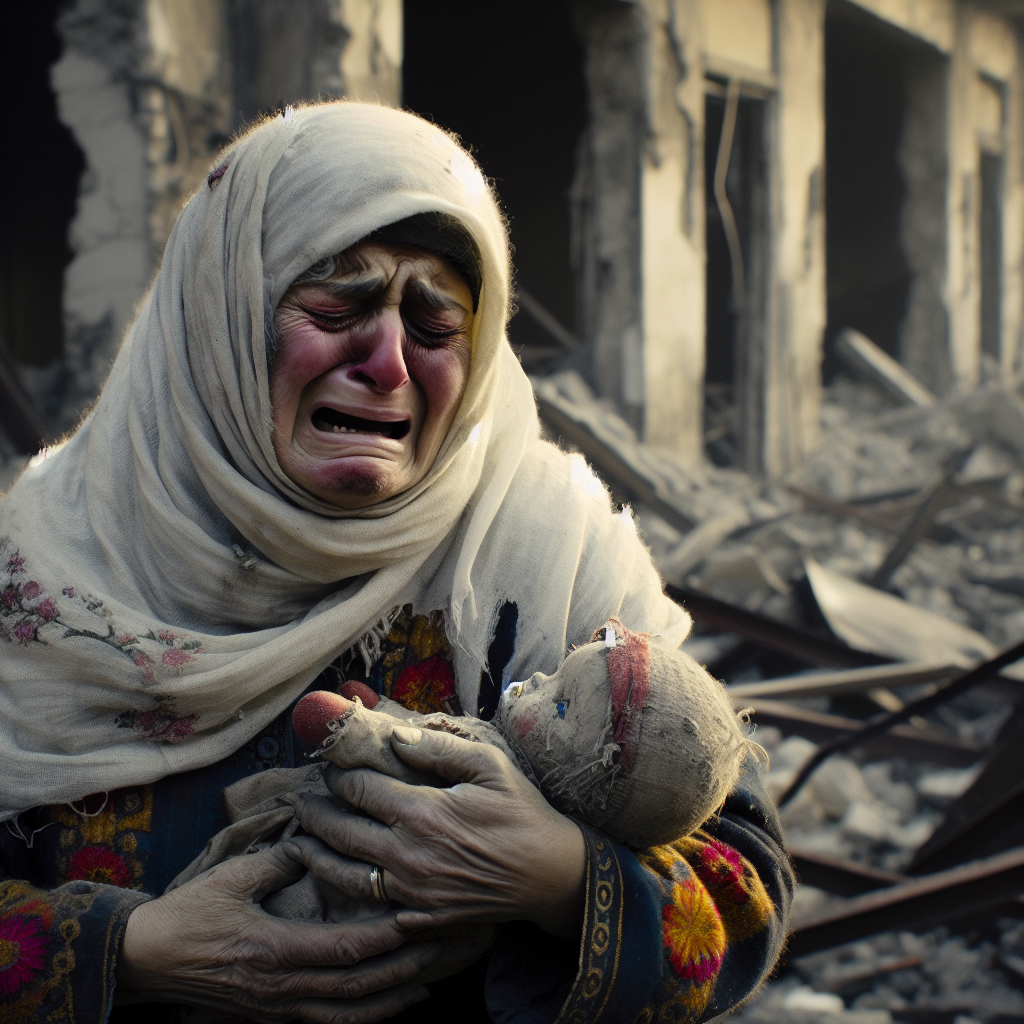 A distraught middle-aged Palestinian woman in traditional clothing clutches a child's toy amidst the rubble of a bombed building in Gaza, her anguish reflecting the tragic toll of the Israeli airstrikes.