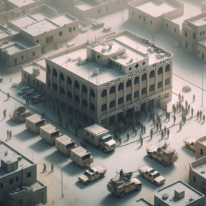 The image depicts a scene of a hospital in Gaza, with Israeli military vehicles and personnel visible in the surrounding area. The hospital itself appears besieged, with a tense atmosphere palpable even through the screen. The dominant colour scheme is neutral to mildly gloomy. Israeli military outfits and equipment are realistically depicted.