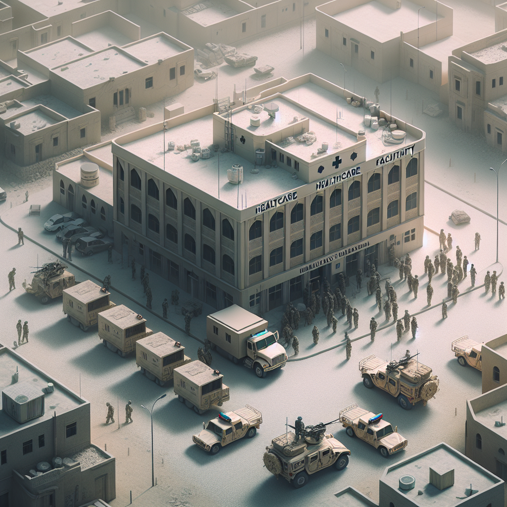 The image depicts a scene of a hospital in Gaza, with Israeli military vehicles and personnel visible in the surrounding area. The hospital itself appears besieged, with a tense atmosphere palpable even through the screen. The dominant colour scheme is neutral to mildly gloomy. Israeli military outfits and equipment are realistically depicted.