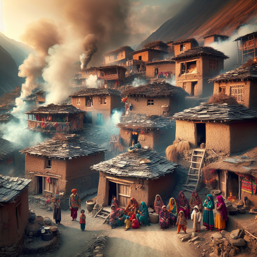 A scene of a rustic village in disputed Kashmir showing damaged homes and smoke rising in the background. The chaos and grief on the faces of the villagers, predominately South Asian ethnicity, wearing traditional clothing, are palpable.