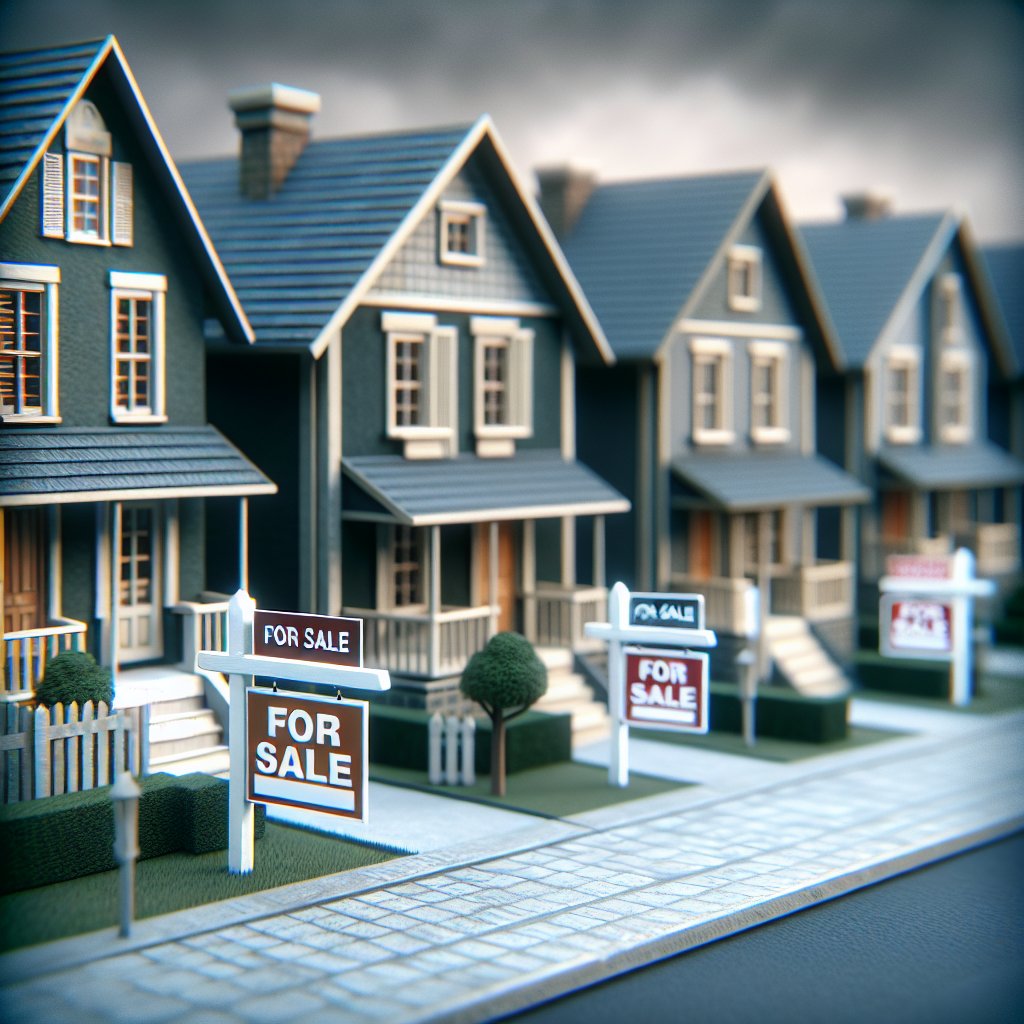Create a realistic image showing a street of houses with For Sale signs. The mood is subdued with overcast skies hinting at the declining market.