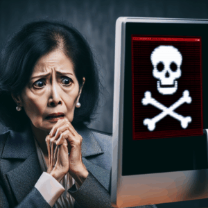 A worried, middle-aged woman, possibly of Asian ethnicity, staring at a computer screen depicting a skull-and-crossbones icon symbolising a cyber attack. She wears professional clothing and her expression reveals her concern for the situation.