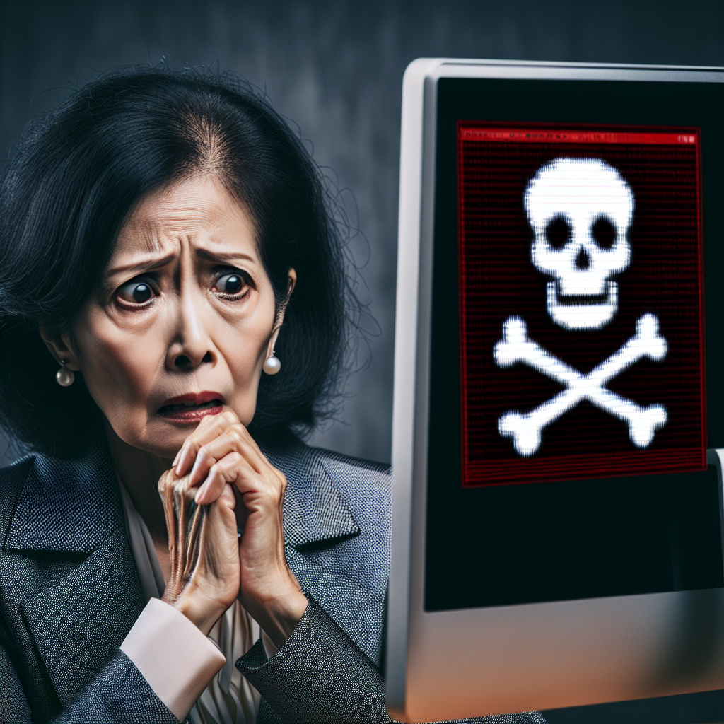 A worried, middle-aged woman, possibly of Asian ethnicity, staring at a computer screen depicting a skull-and-crossbones icon symbolising a cyber attack. She wears professional clothing and her expression reveals her concern for the situation.