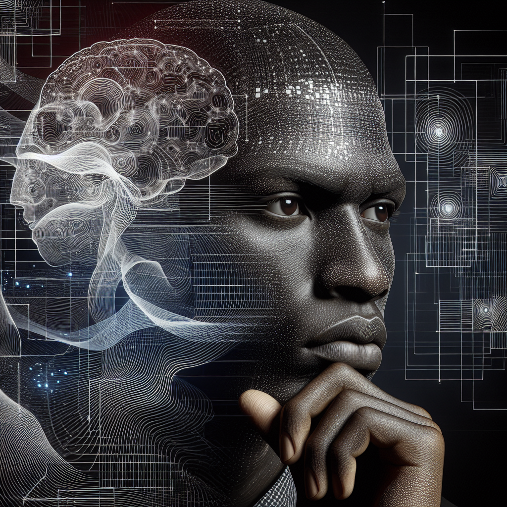 A realistic DALL·E-styled image depicting a sombre but thoughtful individual amidst a background of data streams and screens representing cognitive behaviours and mood patterns.