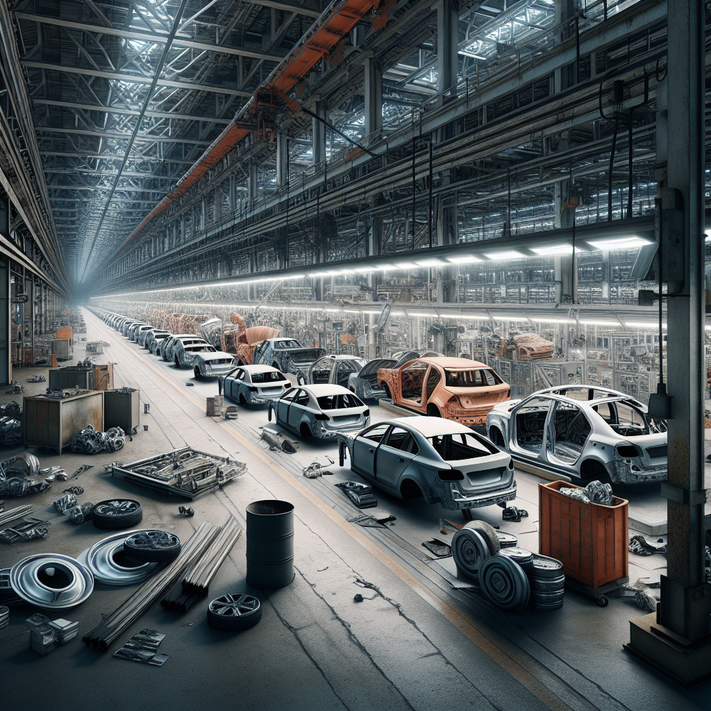 Depict an image of a deserted Nissan production line with cars in different stages of assembly, reflecting the impact of the job cuts.