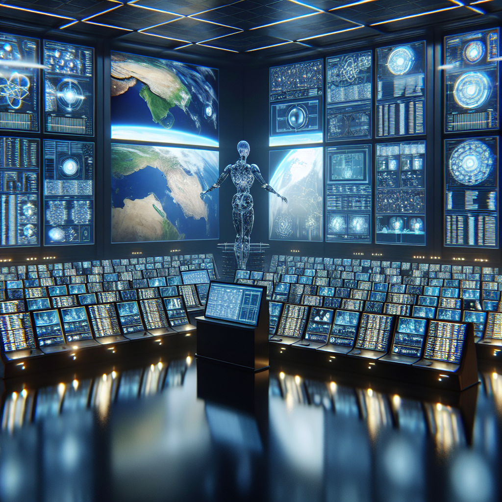 Imagine a vast room filled with a multitude of screens projecting intricate 3D simulations of the global nuclear arsenal. In the centre, a peaceful AI entity engaged in complex computations. This is Progress, an advanced AI orchestrating the process.