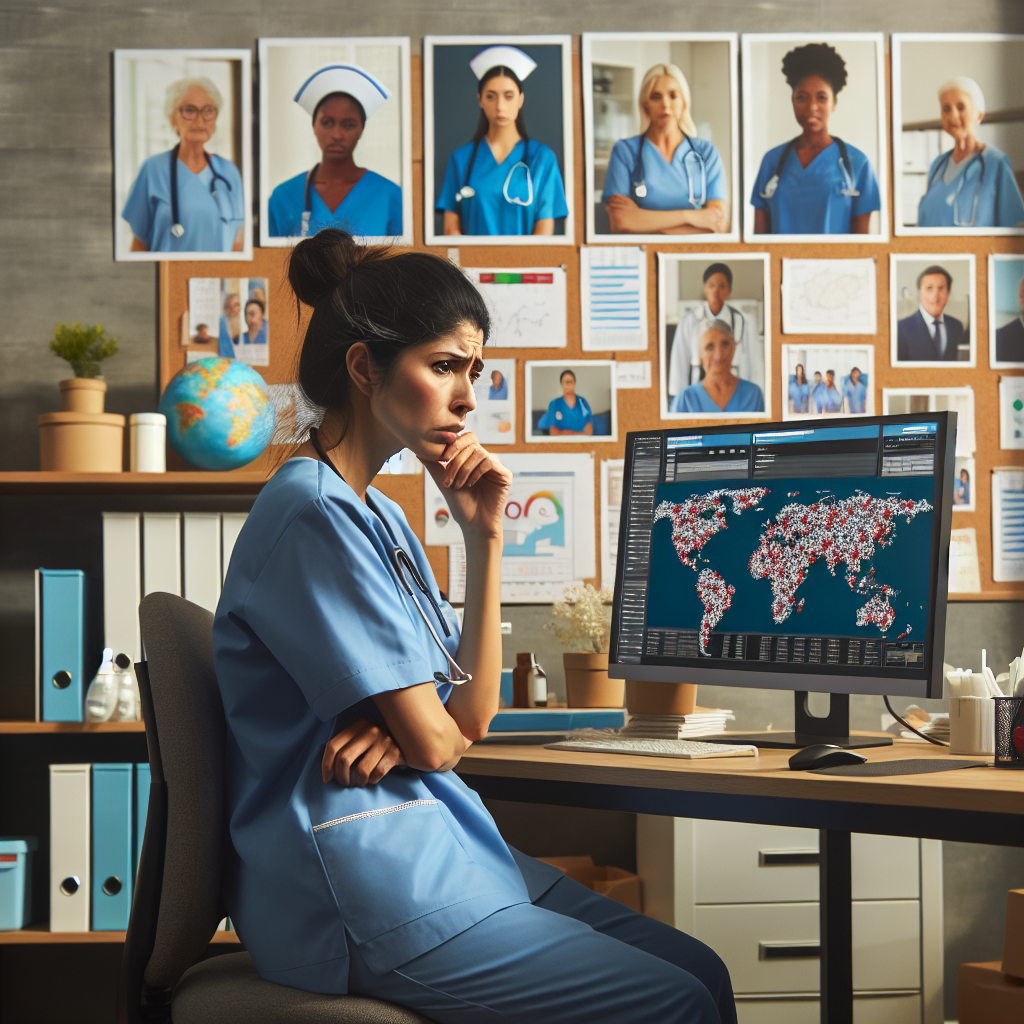 Create an image of a worried care home manager in their office, looking at a computer screen that shows global maps and manpower data. The room should show signs of a working care home like nursing uniforms, medical equipment, and pictures of staff members.