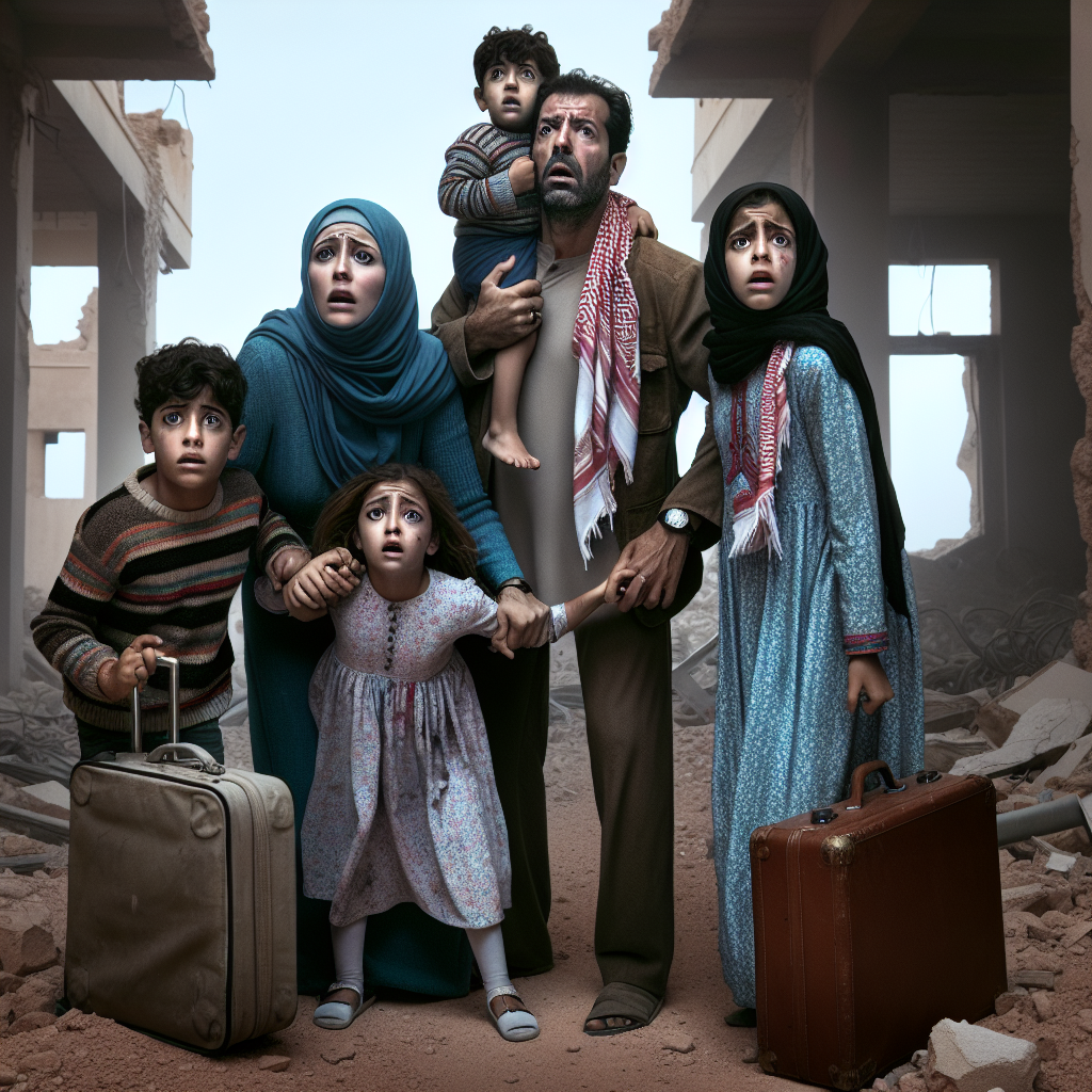 A Palestinian family of four, clad in worn clothing, look uncertain as they survey a destroyed building in Libya. The father, in his forties, clasps a suitcase tightly, while the mother, of similar age, holds the hands of their two children, a boy of 10 and a girl of 7, all of them bearing expressions of dawning apprehension.