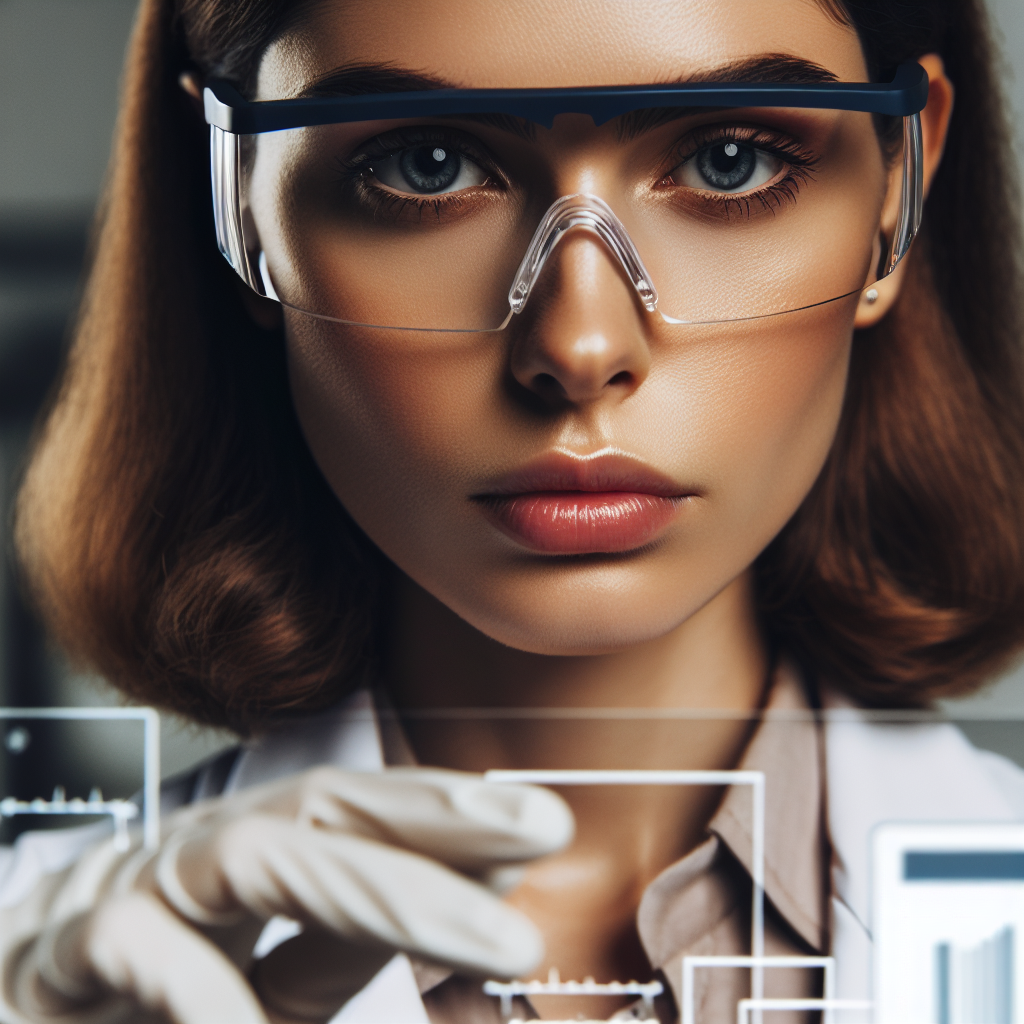 Close-up of a focused female technician, about 30 years old, of mixed ethnicity. She's sporting protective lab glasses, a sterile white coat and gloves. She's inspecting a screen showing digital patient records, a serious expression on her face.