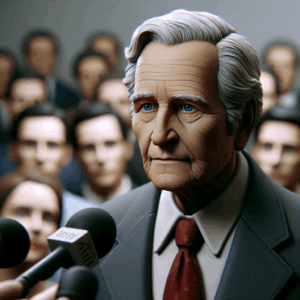 The scene captures former President Donald Trump, a fair-skinned man in his late 70s with characteristic blonde hair, blue eyes, in his signature suit and red tie. His facial expression is serious but hopeful. He is speaking into a microphone at a press conference. In the muted background, journalists eagerly take notes.