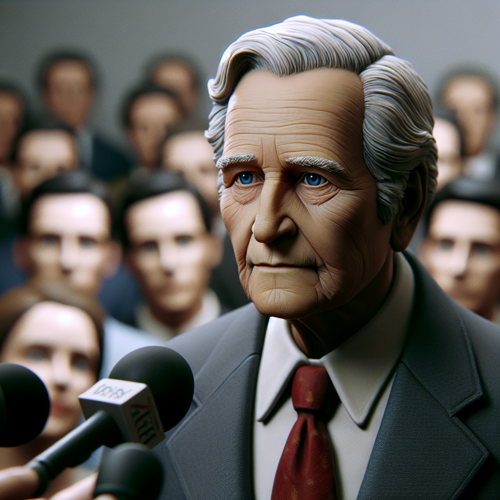 The scene captures former President Donald Trump, a fair-skinned man in his late 70s with characteristic blonde hair, blue eyes, in his signature suit and red tie. His facial expression is serious but hopeful. He is speaking into a microphone at a press conference. In the muted background, journalists eagerly take notes.