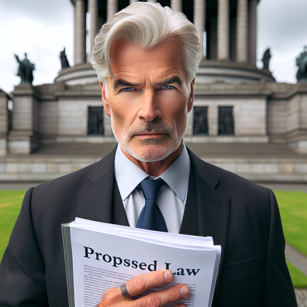 A US senator, aged around 60, stands determined infront of the Lincoln Memorial. He is Caucasian with silver hair, wearing a dark suit and a blue tie. In his hand, he holds a copy of a proposed legislation titled 'Ban on Presidential Crypto Schemes'. His expression is serious and authoritative.